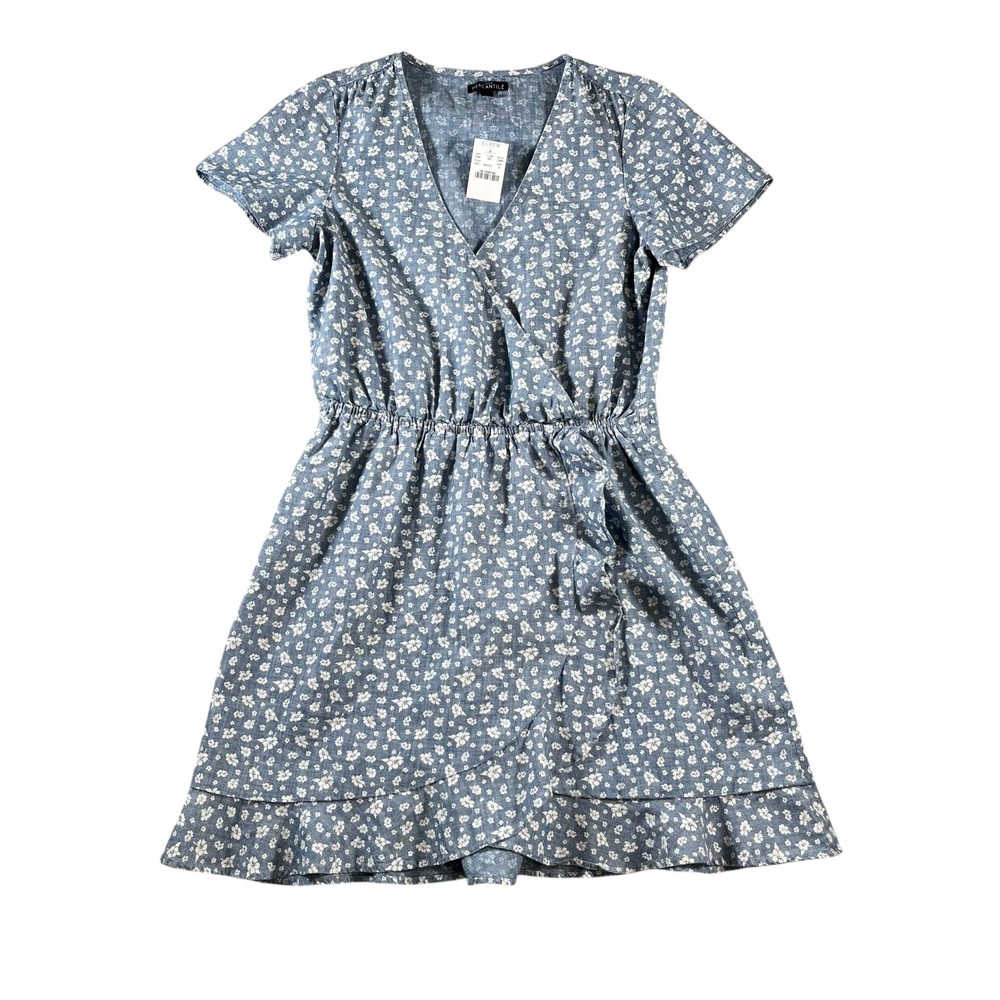 J.Crew Mercantile Blue Printed Chambray Ruffle Faux Wrap Dress Size Small NWT